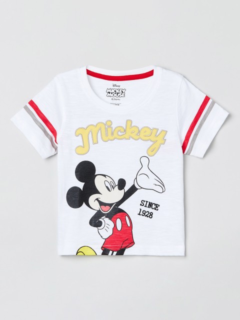 

max Boys White Mickey Mouse Printed Round Neck T-shirt