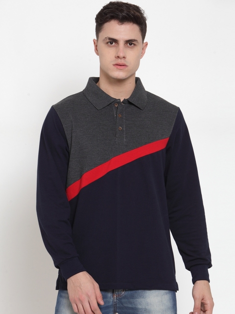 

Kalt Men Navy Blue & Charcoal Grey Colourblocked Polo Collar T-shirt
