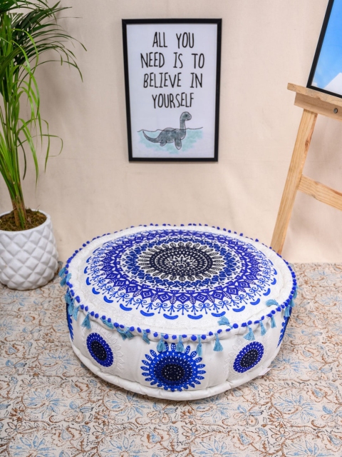 

Tistabene White & Blue Mandala Embroidered Round Floor Cushion