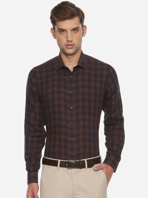 

Van Heusen Men Brown & Navy Blue Linen Slim Fit Checked Formal Shirt