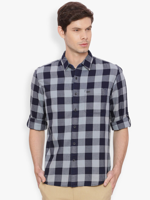 

Basics Men Grey & Navy Blue Slim Fit Checked Casual Shirt