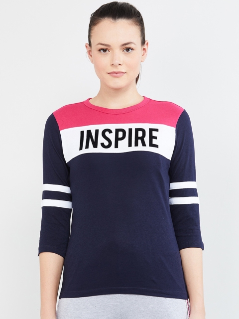 

max Women Navy Blue Printed Round Neck T-shirt