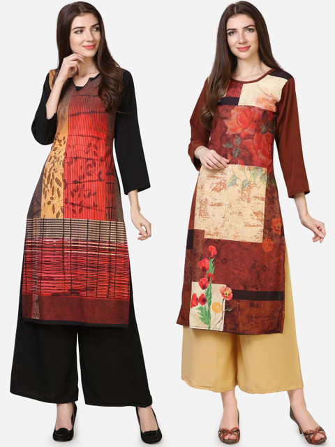 

Silk Bazar Women Pack Of 2 Printed Kurtas with Palazzos, Red