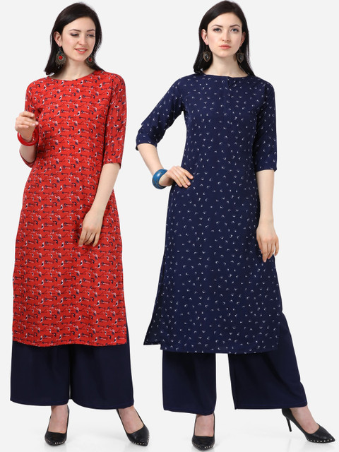 

Silk Bazar Women Pack Of 2 Printed Kurtas with Palazzos, Red