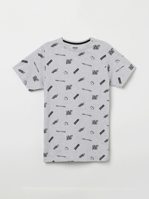 max Boys Grey Melange & Black Printed Round Neck T-shirt