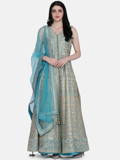 

BOMBAY SELECTIONS Women Turquoise Blue & Gold-Toned Self Design Kurta with Skirt & Dupatta