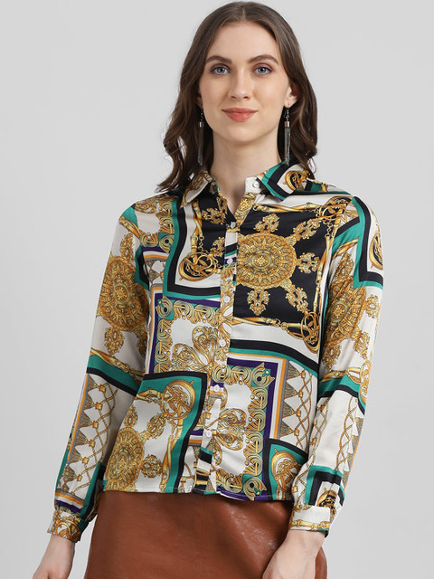 

Zink London Women White & Gold-Toned Slim Fit Printed Casual Shirt