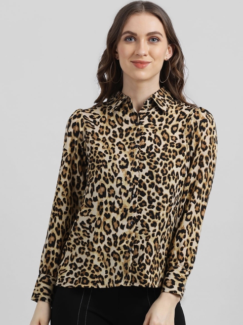 

Zink London Women Yellow & Brown Slim Fit Leopard Printed Casual Shirt