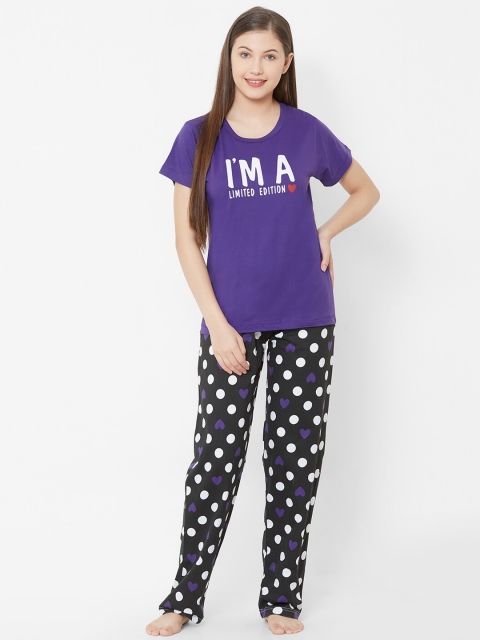 

Velvet by night Women Purple & Black Printed Night suit