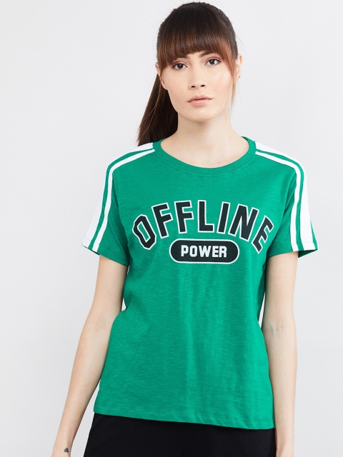 

max Women Green & Black Printed Round Neck T-shirt
