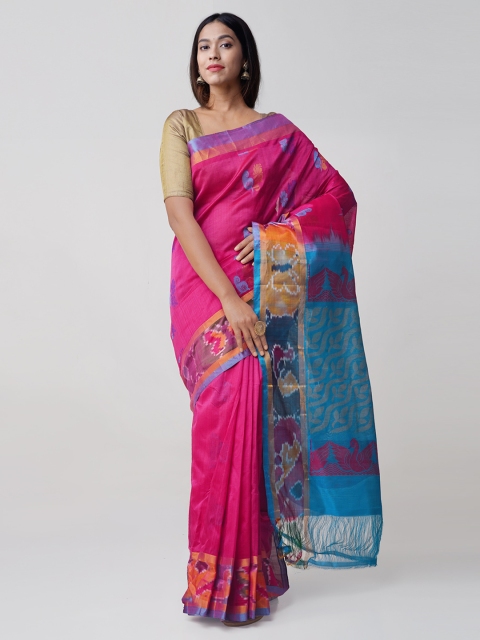 

Unnati Silks Pink & Blue Silk Cotton Woven Design Kanjeevaram Handloom Saree