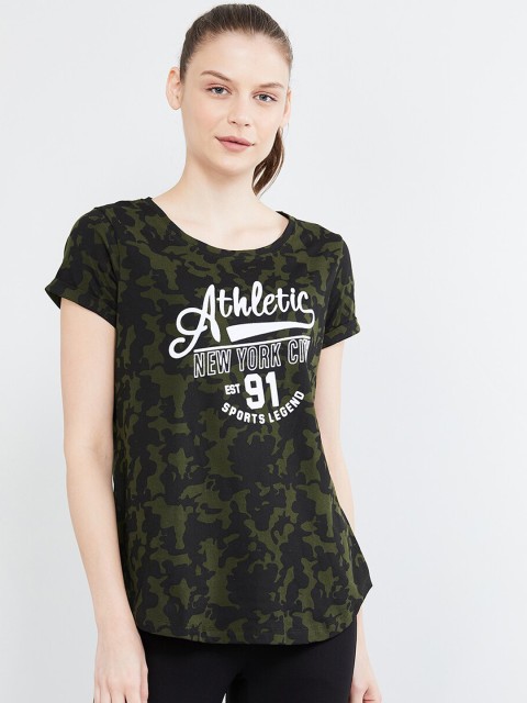 

max Women Olive Green & Black Printed Round Neck T-shirt