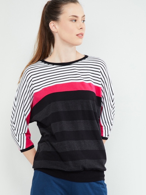 

max Women Black & White Striped Round Neck T-shirt