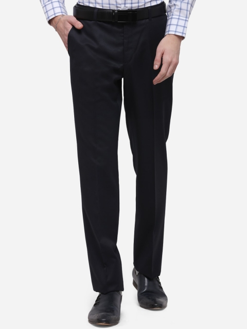 Greenfibre Men Navy Blue Regular Fit Solid Formal Trousers