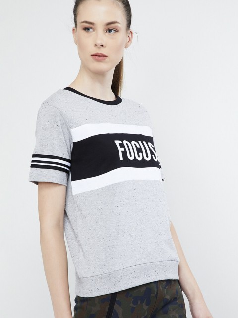 

max Women Grey Melange & Black Printed Round Neck T-shirt