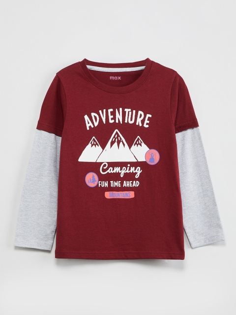 

max Boys Burgundy Printed Round Neck T-shirt