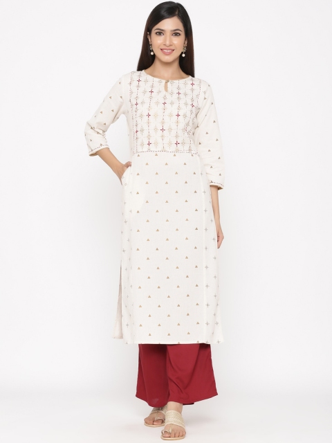 

Jaipur Kurti Women Off-White & Red Yoke Design Straight Kurta