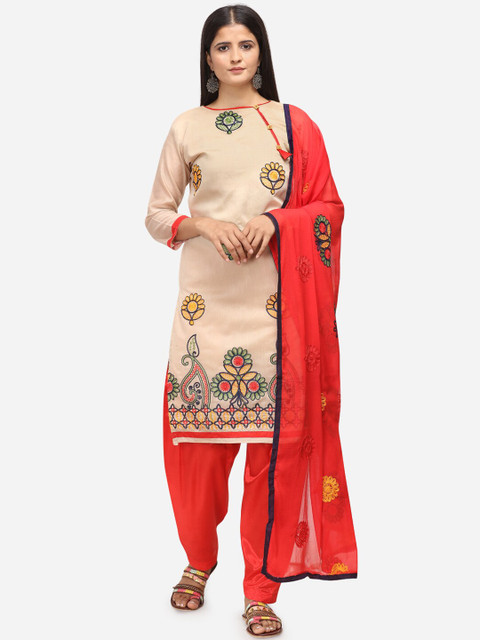 

DIVASTRI Beige & Red Silk Blend Unstitched Dress Material