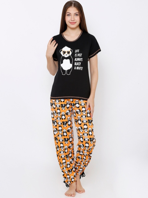

Heart 2 Heart Women Black & Yellow Printed Night Suit