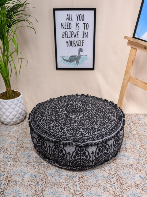 

Tistabene Black & Grey Embroidered Mandala Inspired Round Pouf Floor Cushion