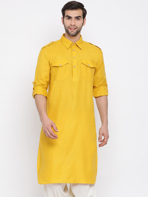 

VASTRAMAY Men Yellow Solid Straight Pathani Kurta