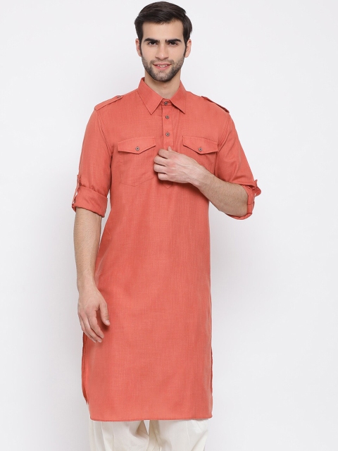 

VASTRAMAY Men Peach-Coloured Solid Pathani Kurta