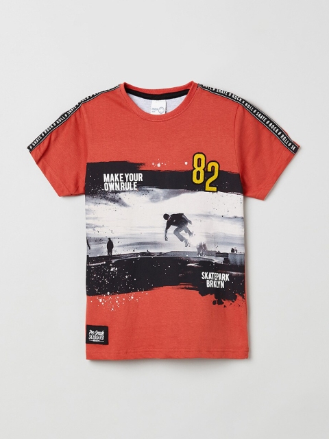 max Boys Coral Pink Printed Round Neck T-shirt