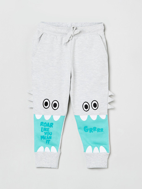 

max Boys Grey & Turquoise Blue Graphic Printed Slim-Fit Joggers