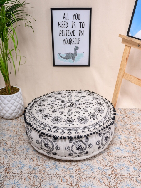 

Tistabene Beige & Grey Bandana Embroidered Round Pouf