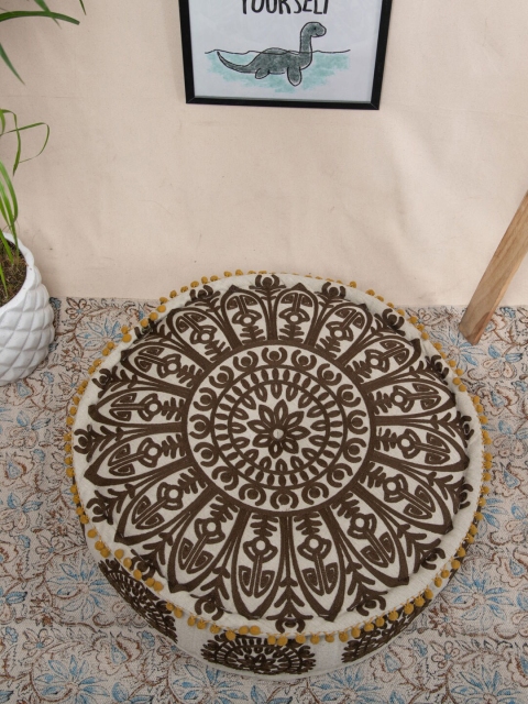 

Tistabene Off-White & Brown Chambray Hype Mandala Embroided Floor Cushion
