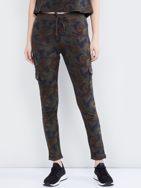 

max Women Olive Green & Blue Camouflage Print Slim-Fit Track Pants