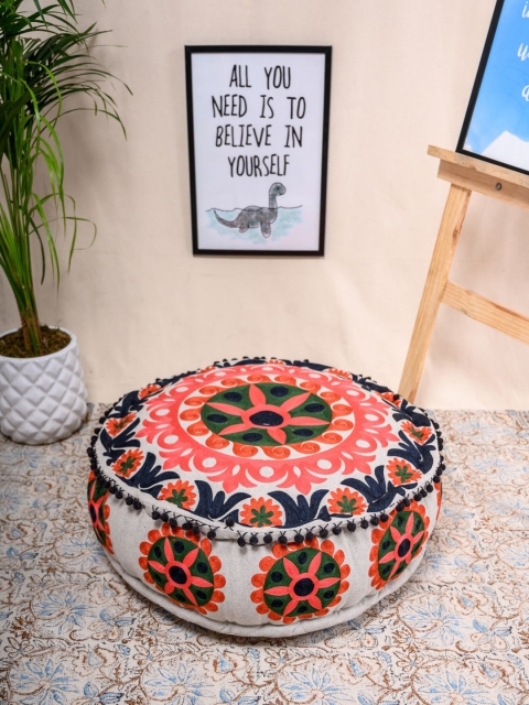 

Tistabene Grey & Pink Chambray Floral Embroidered Round-Shaped Pouf Floor Cushion