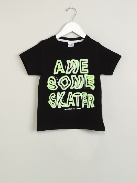 

max Boys Black Printed Round Neck T-shirt