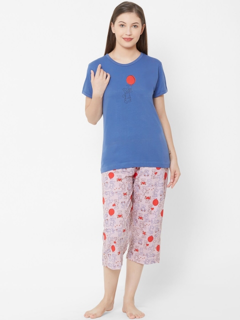 

Velvet by night Women Blue & Pink Printed Night suit
