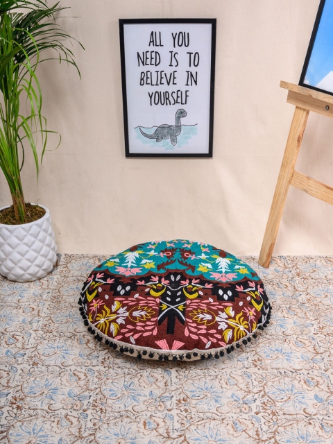

Tistabene Green & Brown Round Embroidered Gaddi Floor Cushion