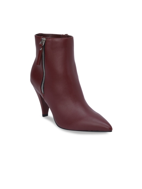 

CHARLES & KEITH Women Burgundy Solid Leather Heeled Boots