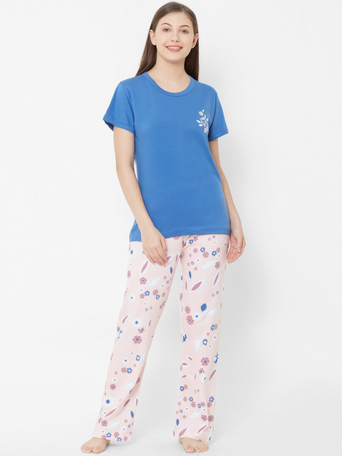 

Velvet by night Women Blue & Pink Floral Night suit