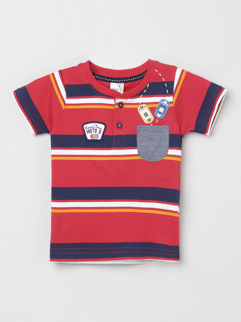 

max Boys Coral Pink Blue Striped Henley Neck Pure Cotton T-shirt