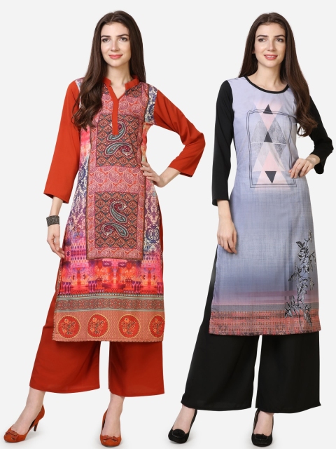 

Silk Bazar Women Pack Of 2 Printed Kurta with Palazzos, Red