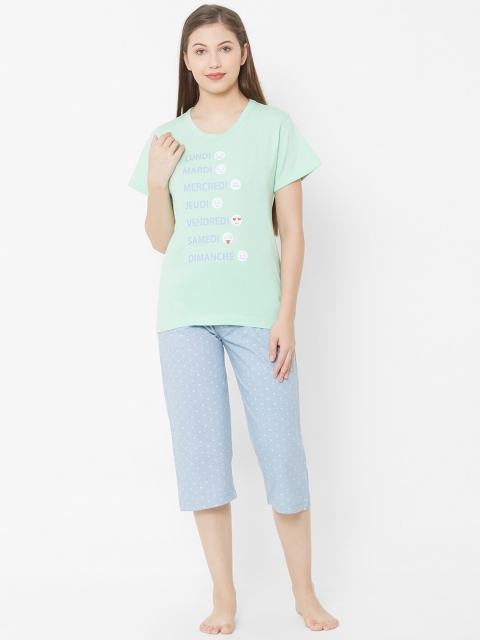 

Velvet by night Women Green & Blue Printed Night suit