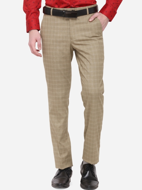 

Greenfibre Men Beige Skinny Fit Checked Formal Trousers