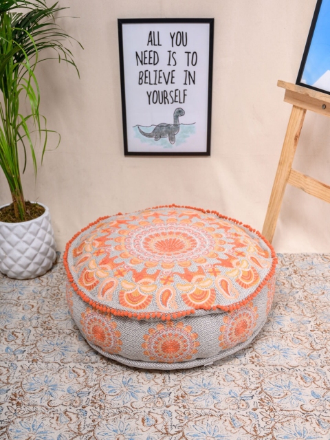 

Tistabene Orange & Grey Mandala Elephant Embroided Round Pouf