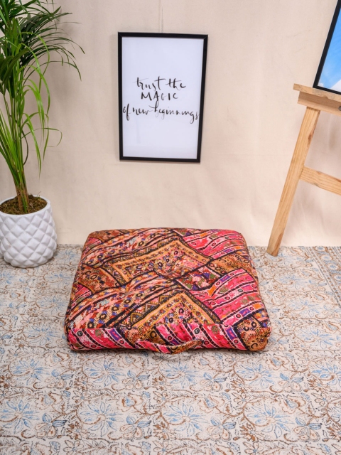 

Tistabene Brown & Pink Abstract Durry Printed Square Floor Cushion