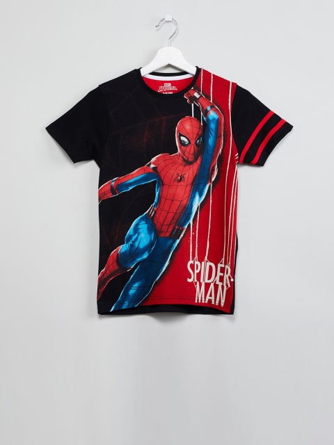 max Boys Black Spiderman Printed Round Neck T-shirt