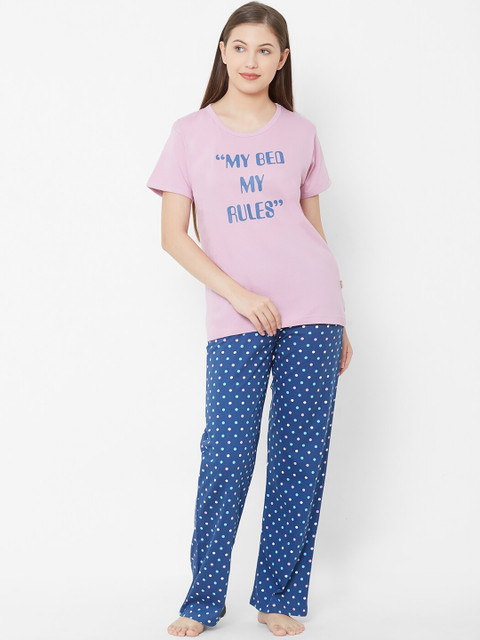 

Velvet by night Women Pink & Blue Printed Night suit