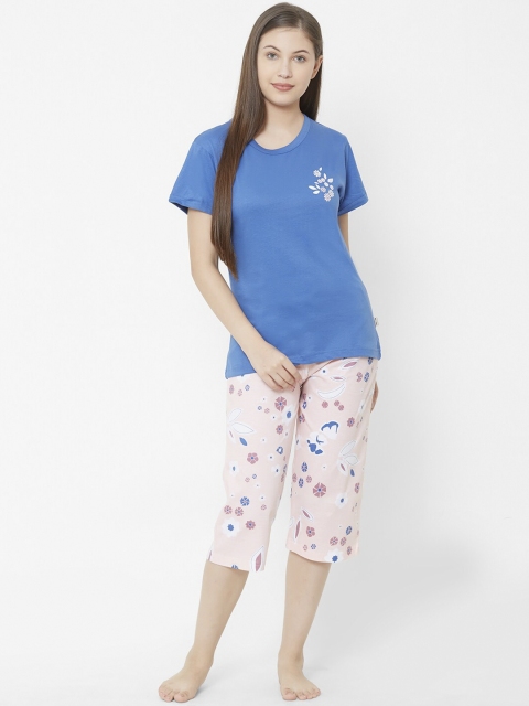 

Velvet by night Women Blue & Pink Floral Night suit