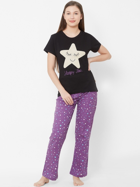 

Velvet by night Women Black & Purple Printed Night Suit