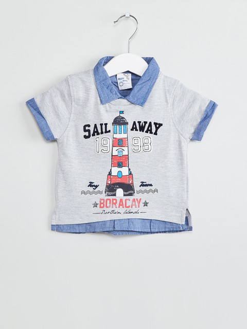 

max Boys Grey Melange Printed Round Neck T-shirt