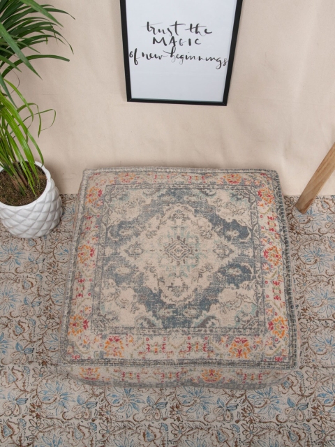 Tistabene Beige & Grey Rusted Durry Printed Square Pouf