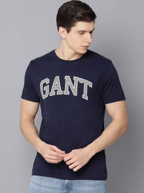 

GANT Men Navy Blue & Grey Brand Logo Printed Round Neck T-shirt